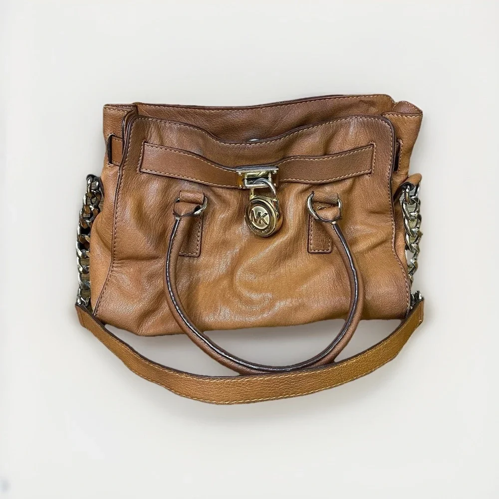 Michael‎ Kors Womens Brown Leather Inner Pockets Bottom Studs Satchel Bag